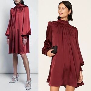 ADAM LIPPES 70s Satin Ruffle Bow Tie Mockneck Puff Long Sleeve Smock Cuff Dress
